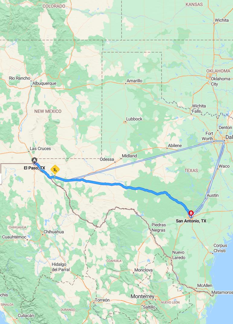 driving from El Paso, Texas to San AntonioTexas - map and route