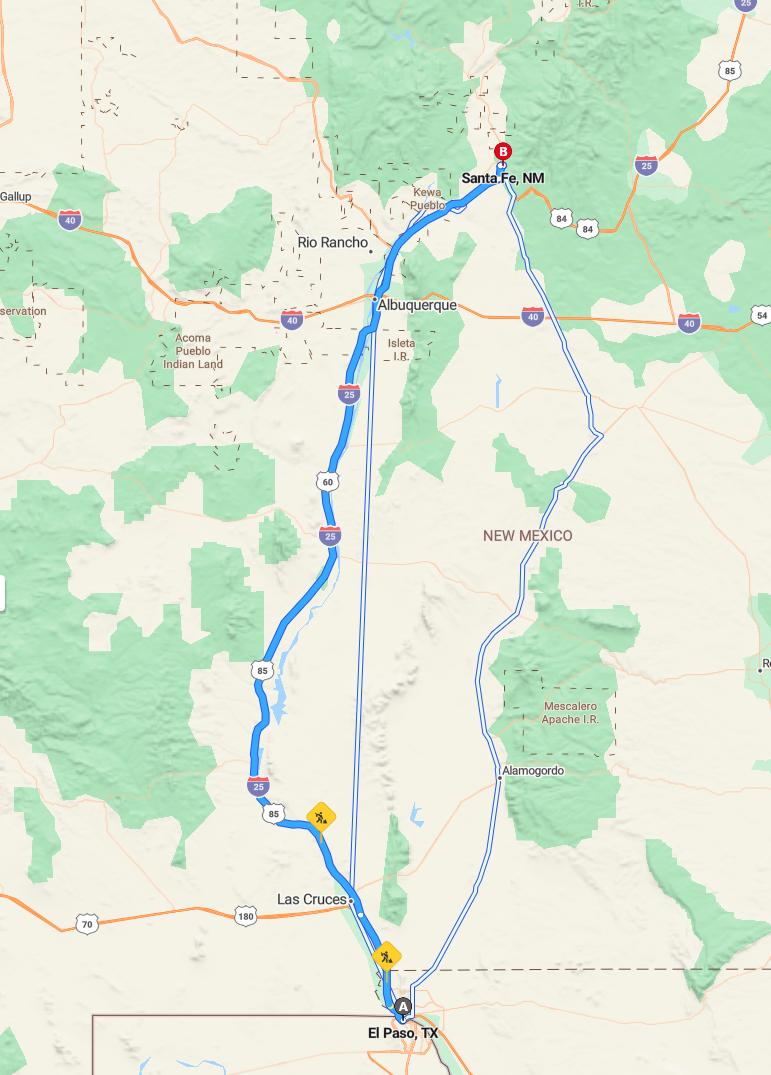 driving from El Paso, Texas to Santa FeNew Mexico - map and route