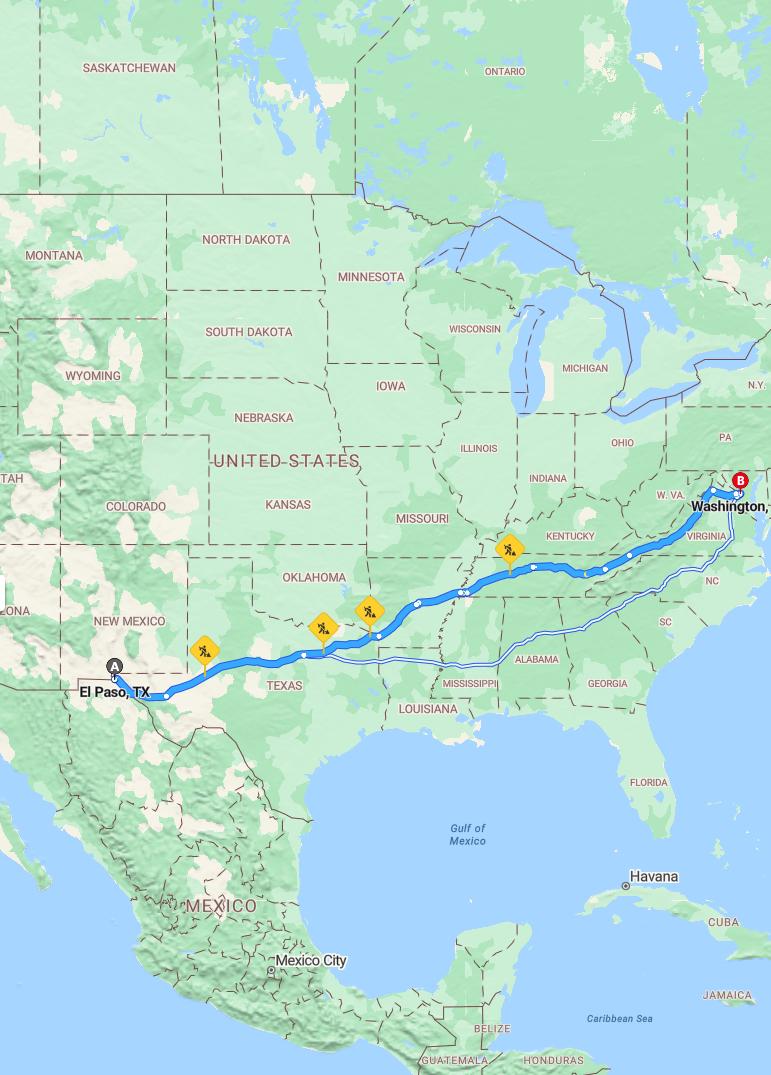 driving from El Paso, Texas to WashingtonDistrict of Columbia - map and route