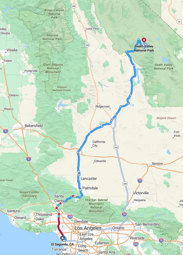 driving from El Segundo, California to Death Valley National ParkCalifornia - map and route