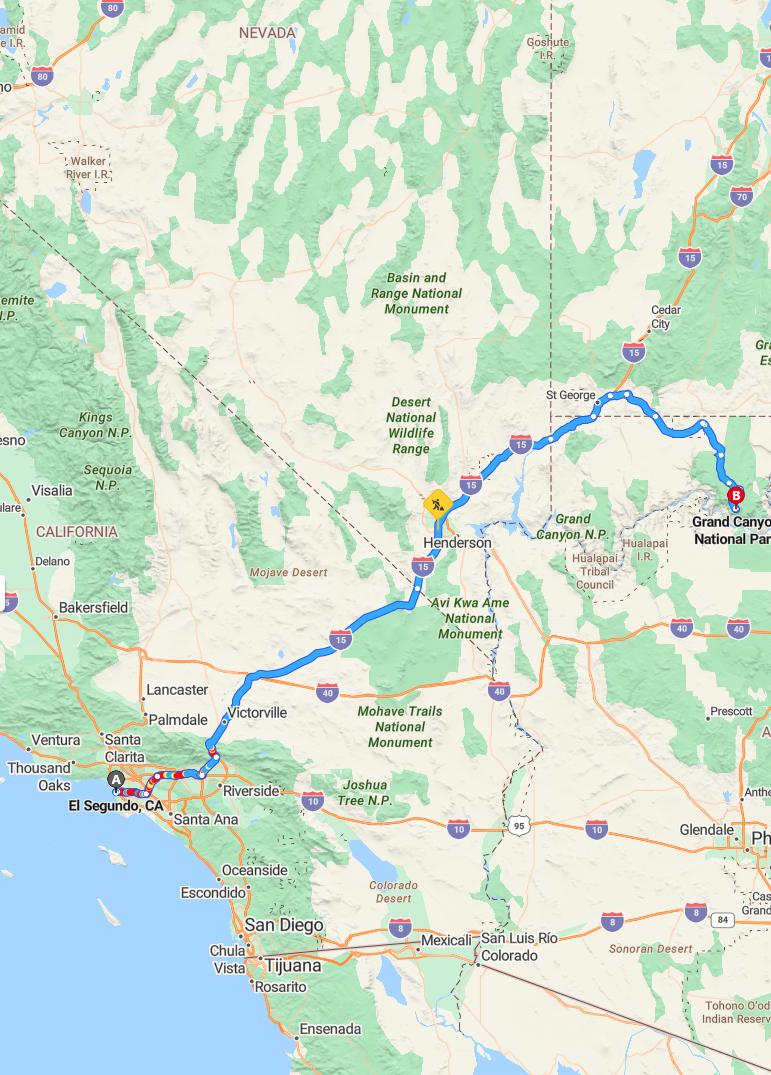 driving from El Segundo, California to Grand CanyonArizona - map and route