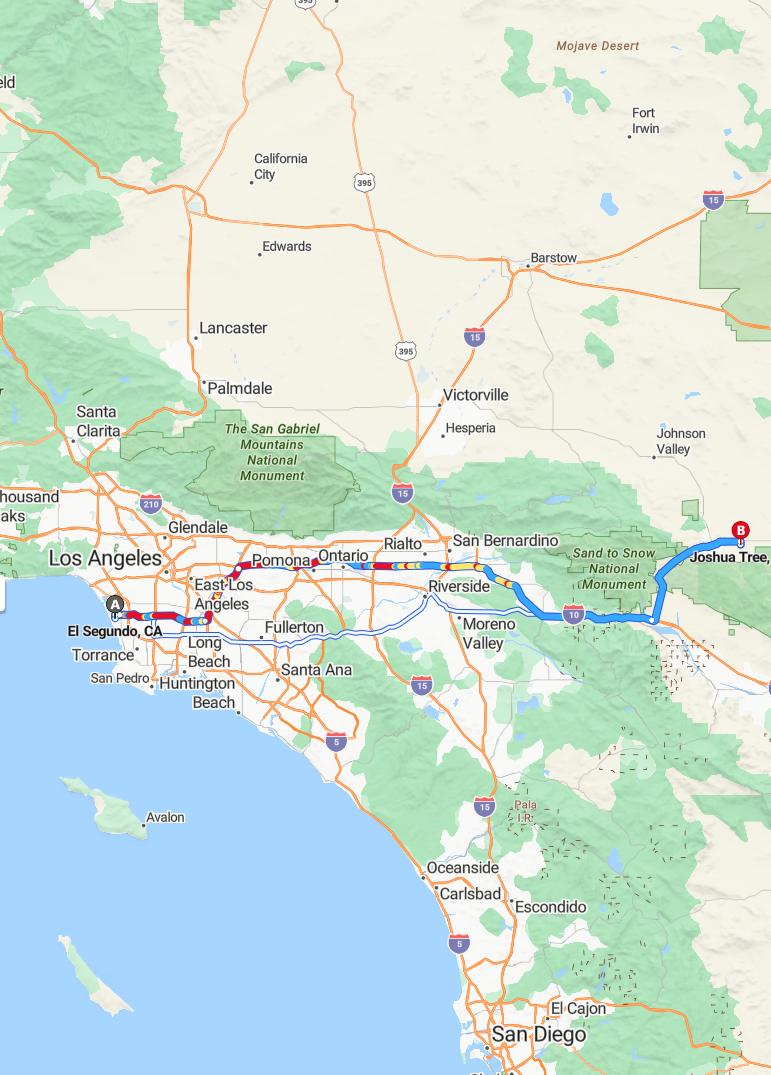 driving from El Segundo, California to Joshua TreeCalifornia - map and route