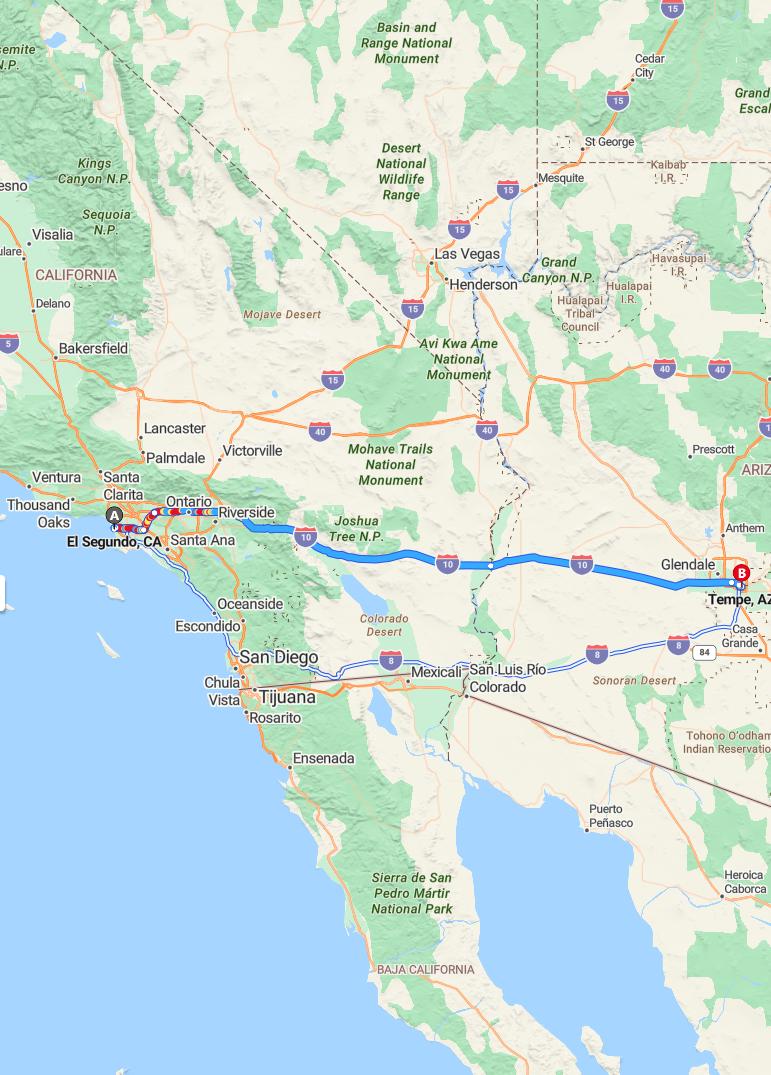 driving from El Segundo, California to TempeArizona - map and route
