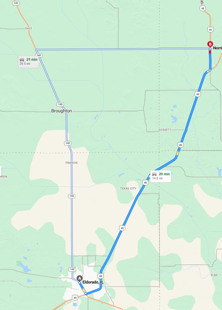 driving from Eldorado, Illinois to Norris CityIllinois - map and route
