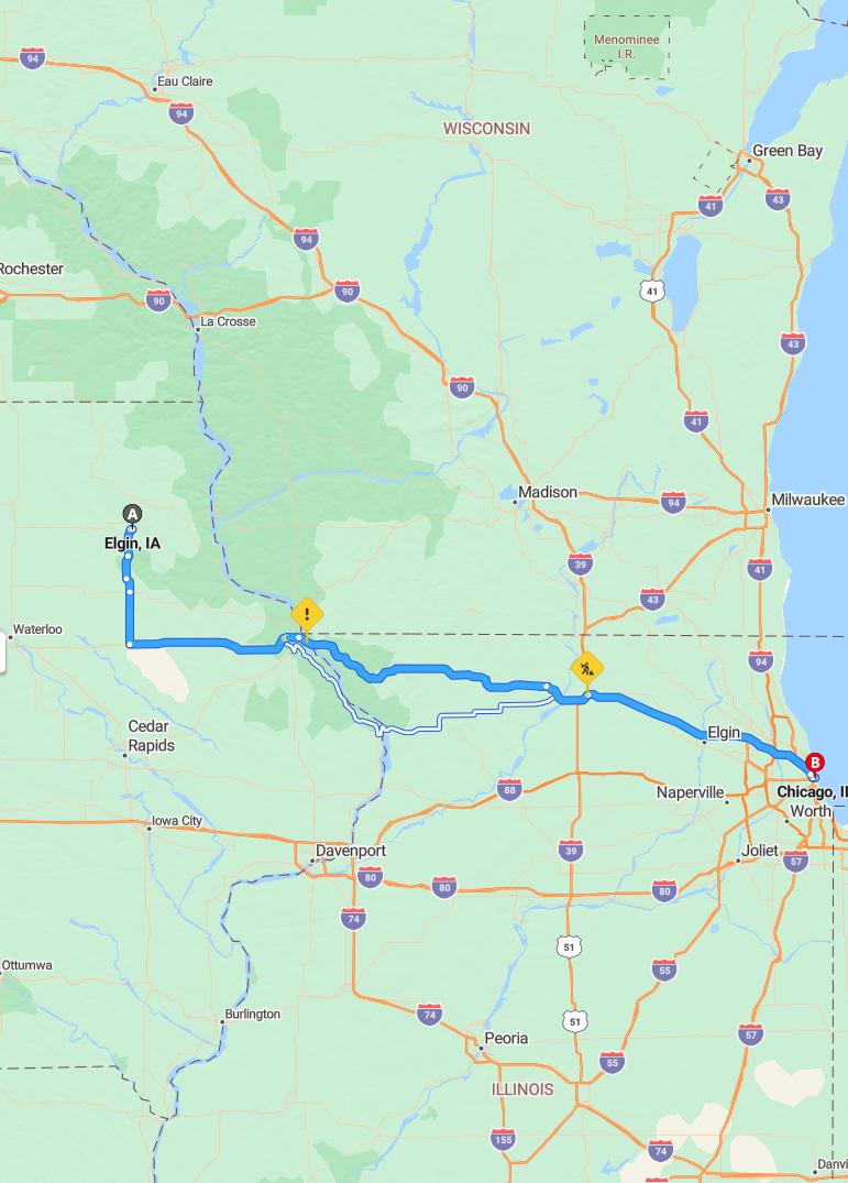 driving from Elgin, Iowa to ChicagoIllinois - map and route