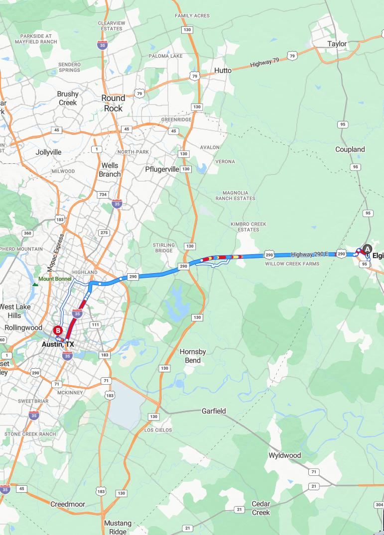 driving from Elgin, Texas to AustinTexas - map and route