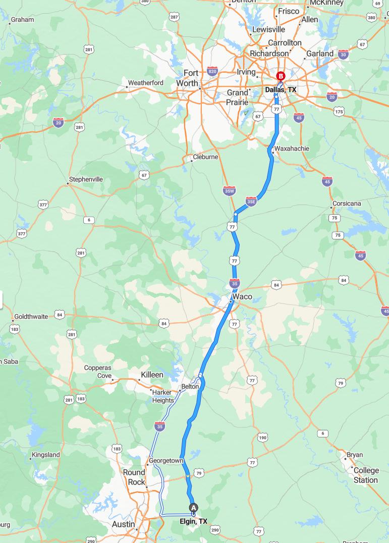 driving from Elgin, Texas to DallasTexas - map and route