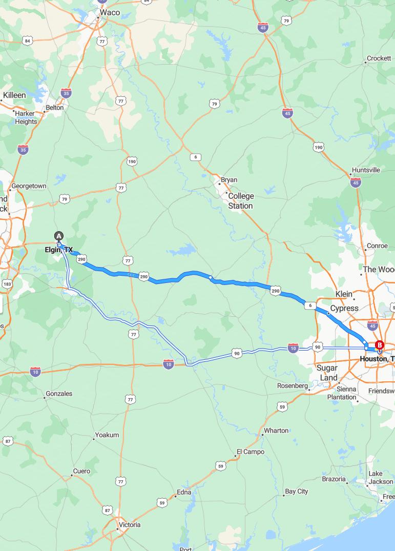 driving from Elgin, Texas to HoustonTexas - map and route