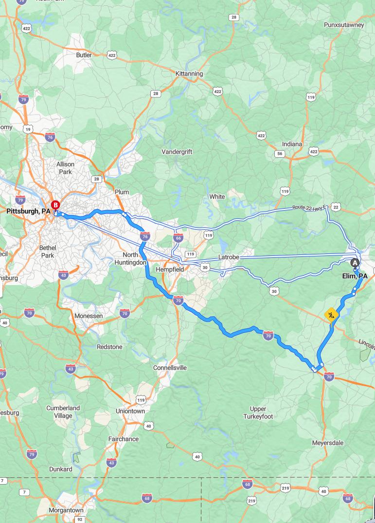 driving from Elim, Pennsylvania to PittsburghPennsylvania - map and route