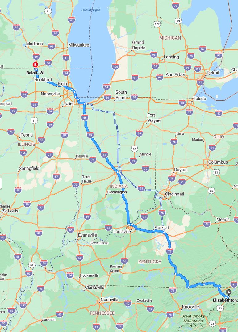 driving from Elizabethton, Tennessee to BeloitWisconsin - map and route
