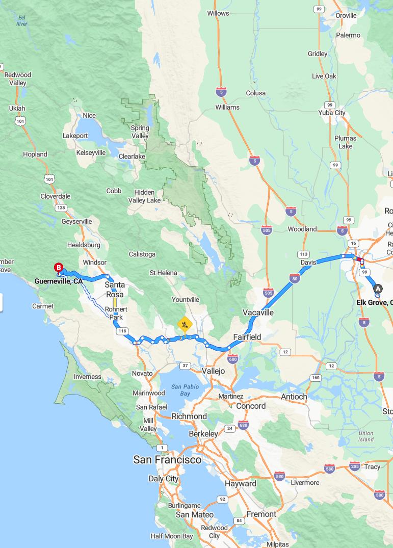 driving from Elk Grove, California to GuernevilleCalifornia - map and route