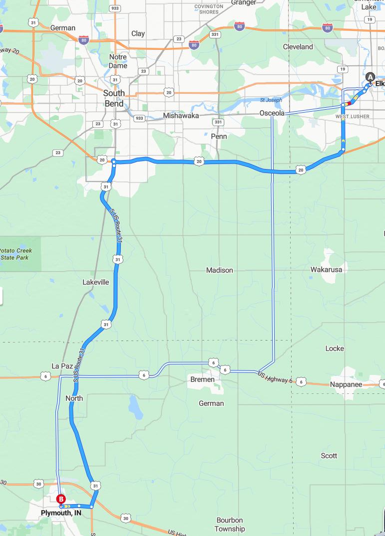 driving from Elkhart, Indiana to PlymouthIndiana - map and route