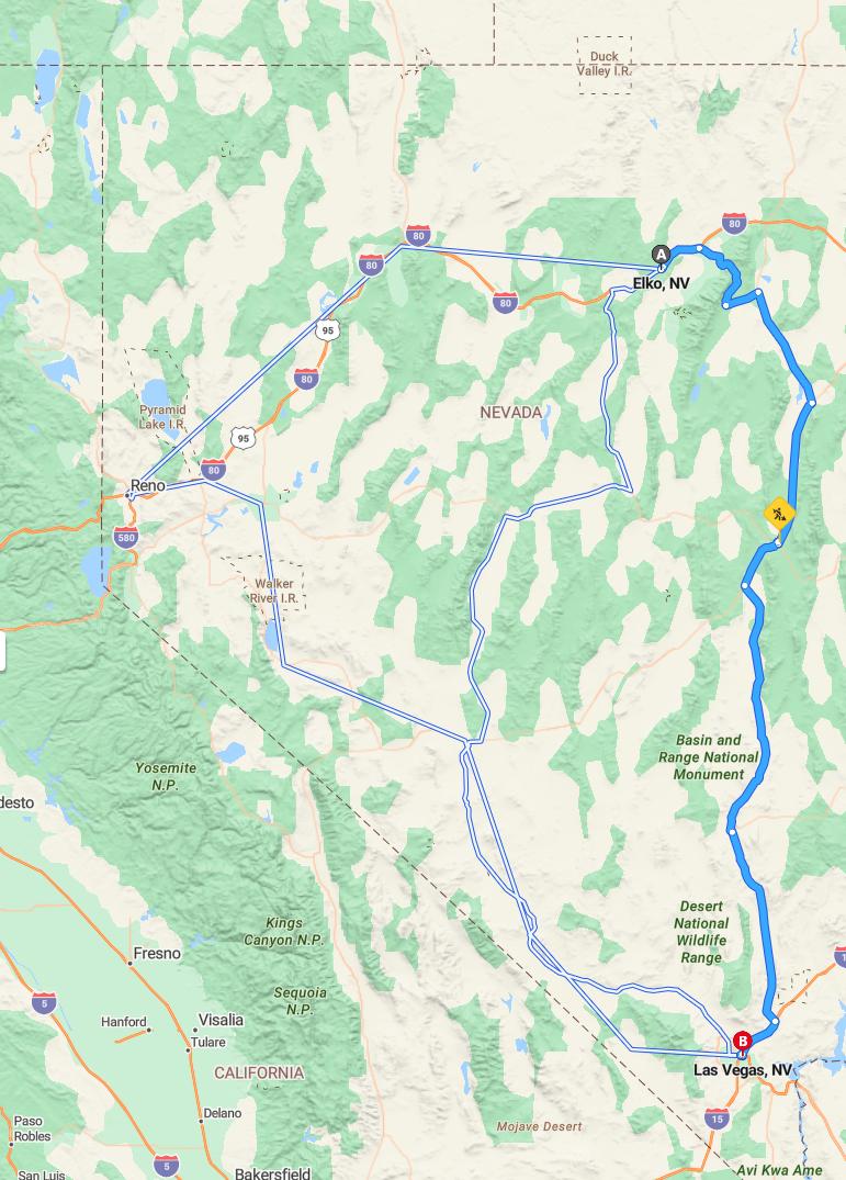 driving from Elko, Nevada to Las VegasNevada - map and route
