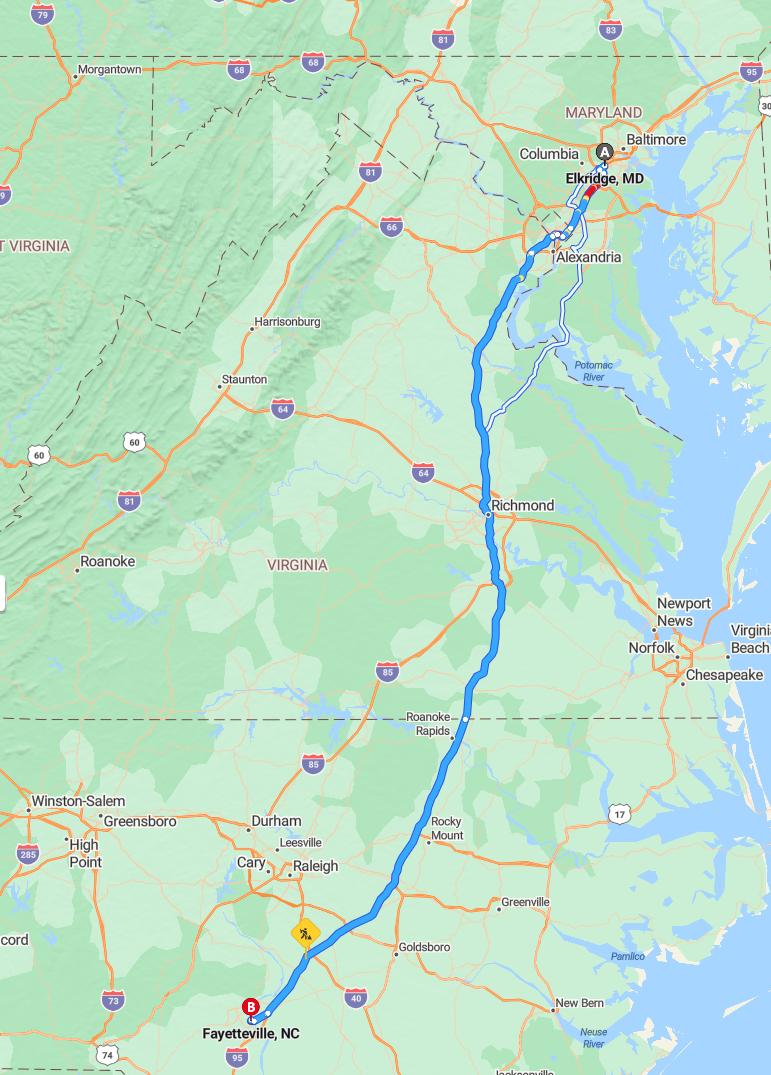 driving from Elkridge, Maryland to FayettevilleNorth Carolina - map and route