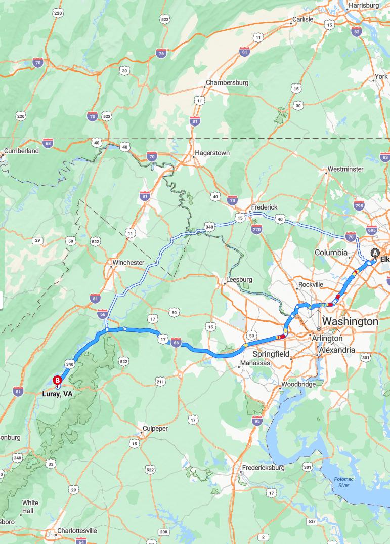 driving from Elkridge, Maryland to LurayVirginia - map and route
