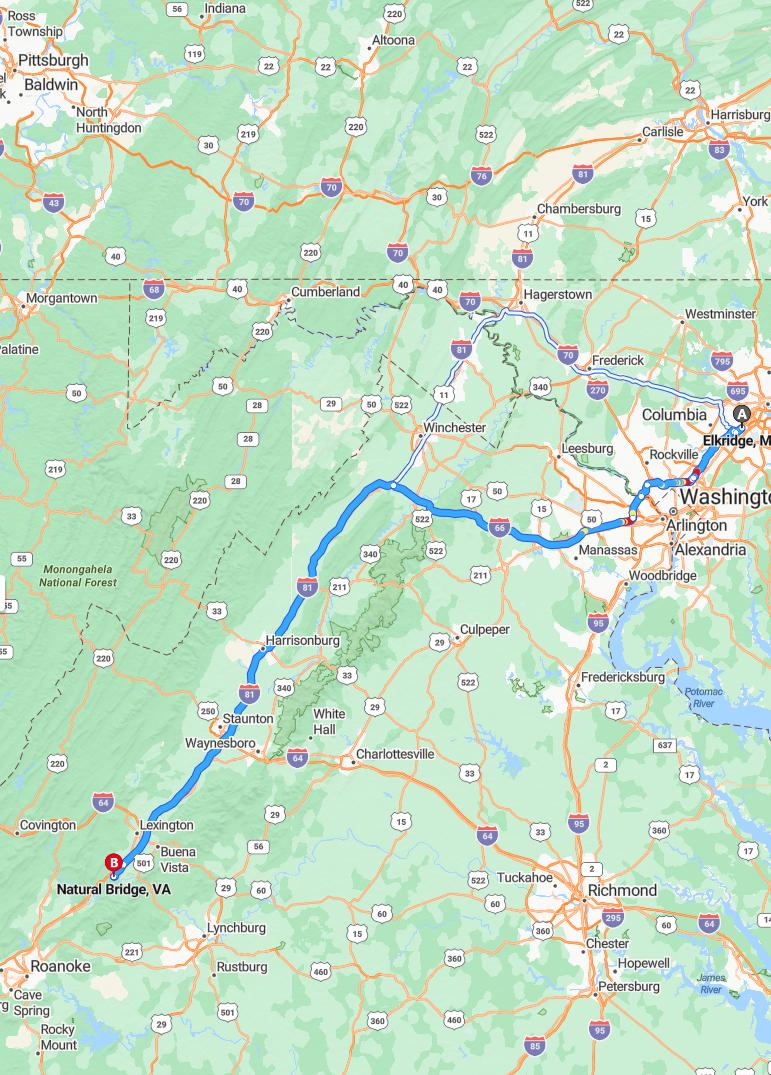 driving from Elkridge, Maryland to Natural BridgeVirginia - map and route