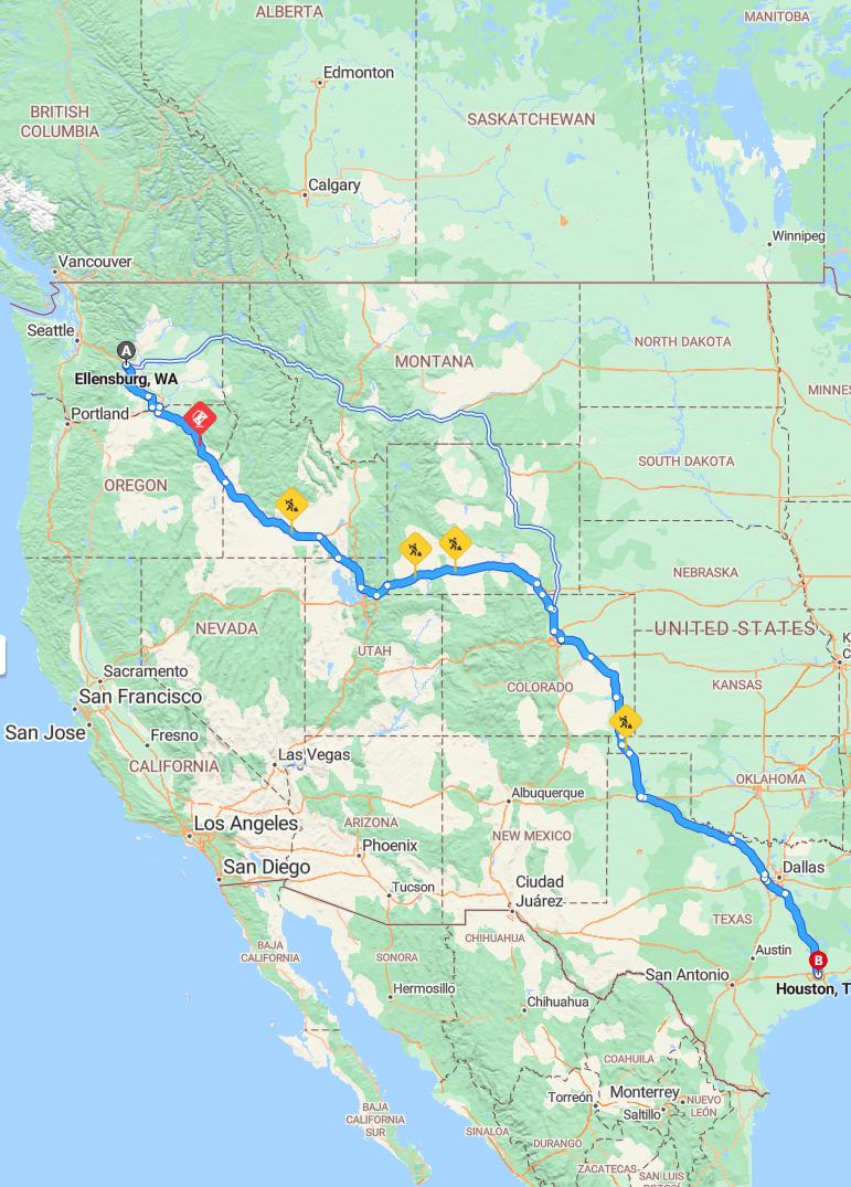 driving from Ellensburg, Washington to HoustonTexas - map and route