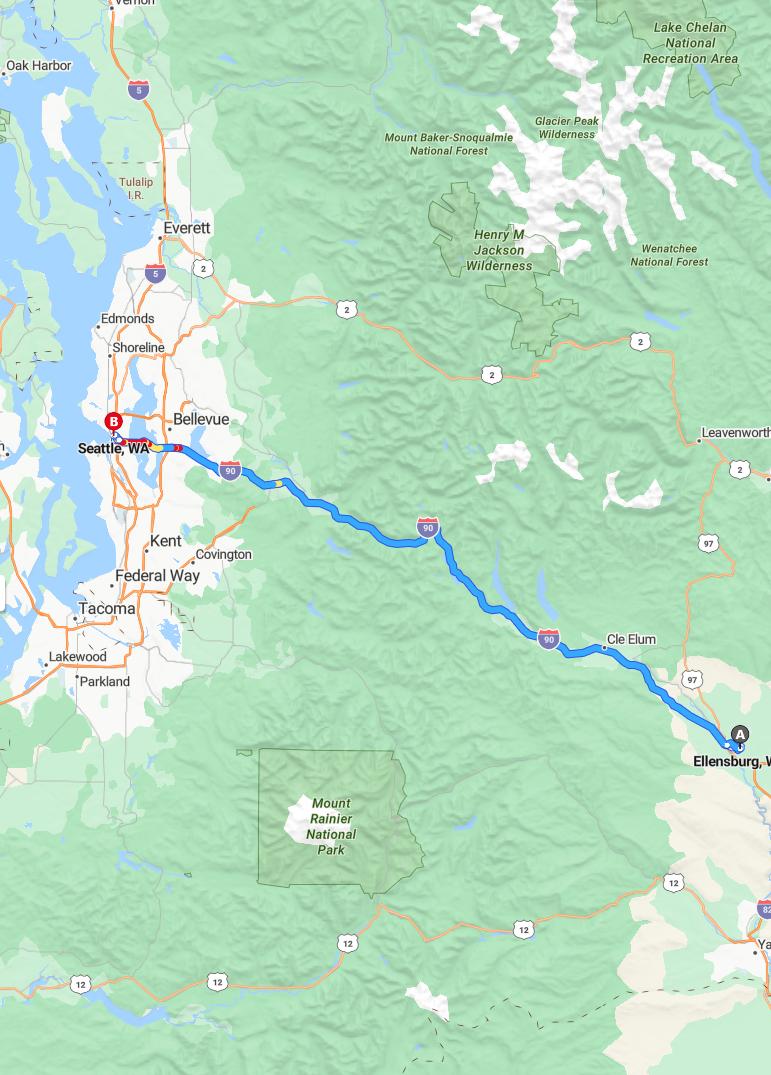 driving from Ellensburg, Washington to SeattleWashington - map and route