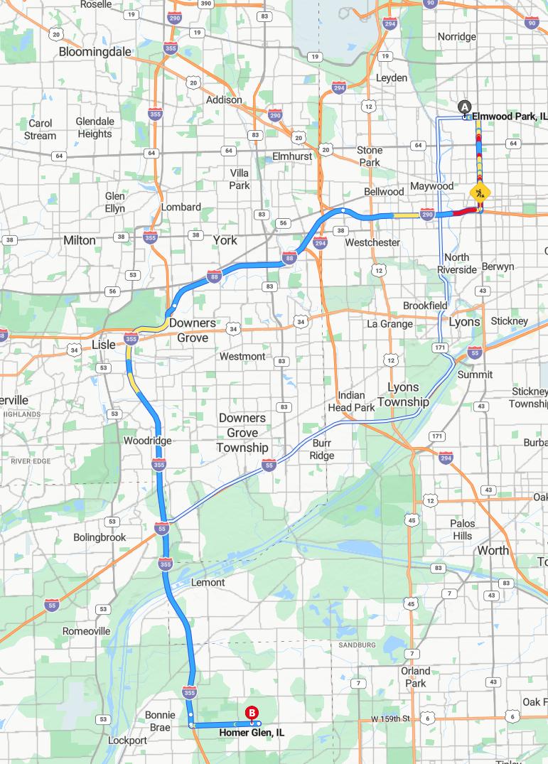 driving from Elmwood Park, Illinois to Homer GlenIllinois - map and route