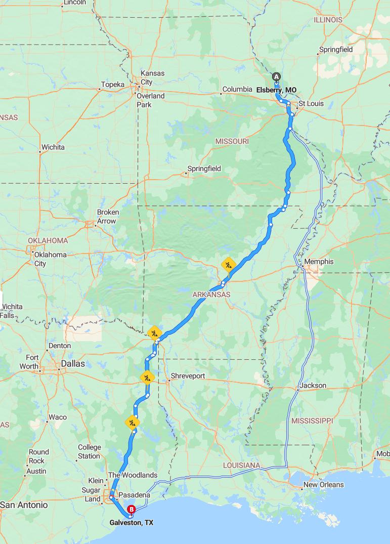 driving from Elsberry, Missouri to GalvestonTexas - map and route
