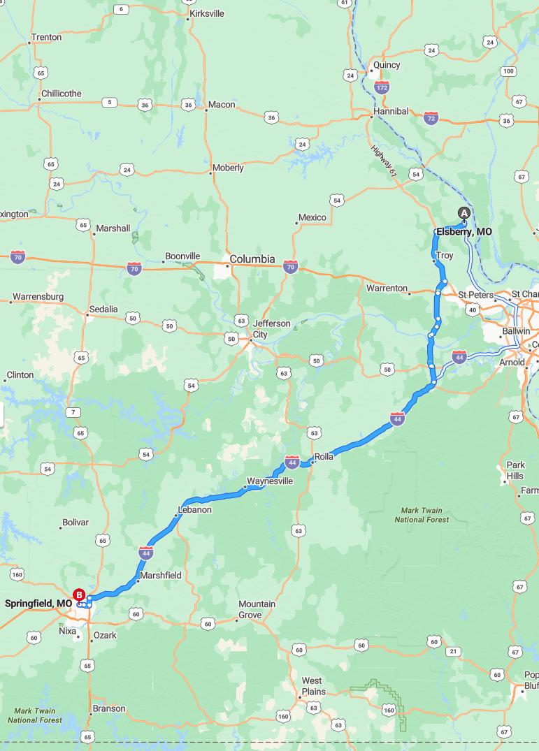 driving from Elsberry, Missouri to SpringfieldMissouri - map and route