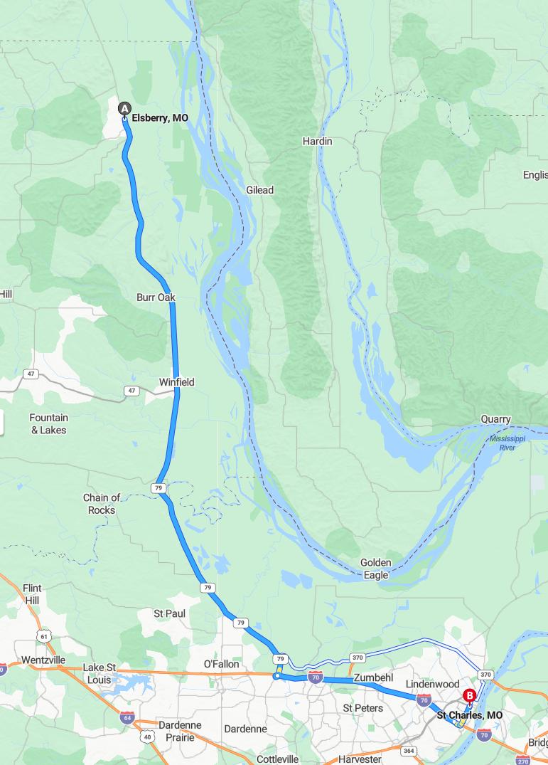 driving from Elsberry, Missouri to St. CharlesMissouri - map and route