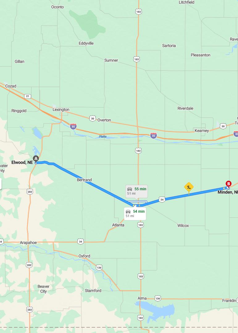 driving from Elwood, Nebraska to MindenNebraska - map and route