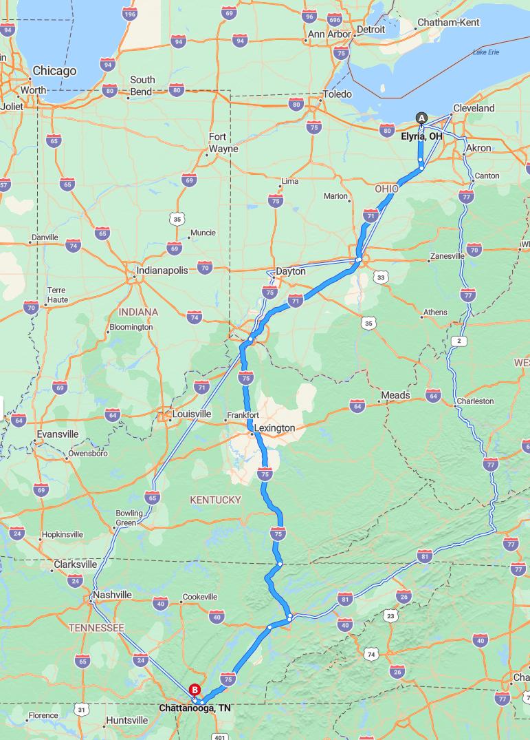 driving from Elyria, Ohio to ChattanoogaTennessee - map and route