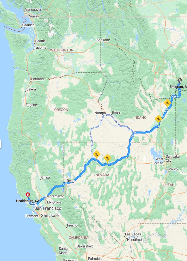 driving from Emigrant, Montana to HealdsburgCalifornia - map and route