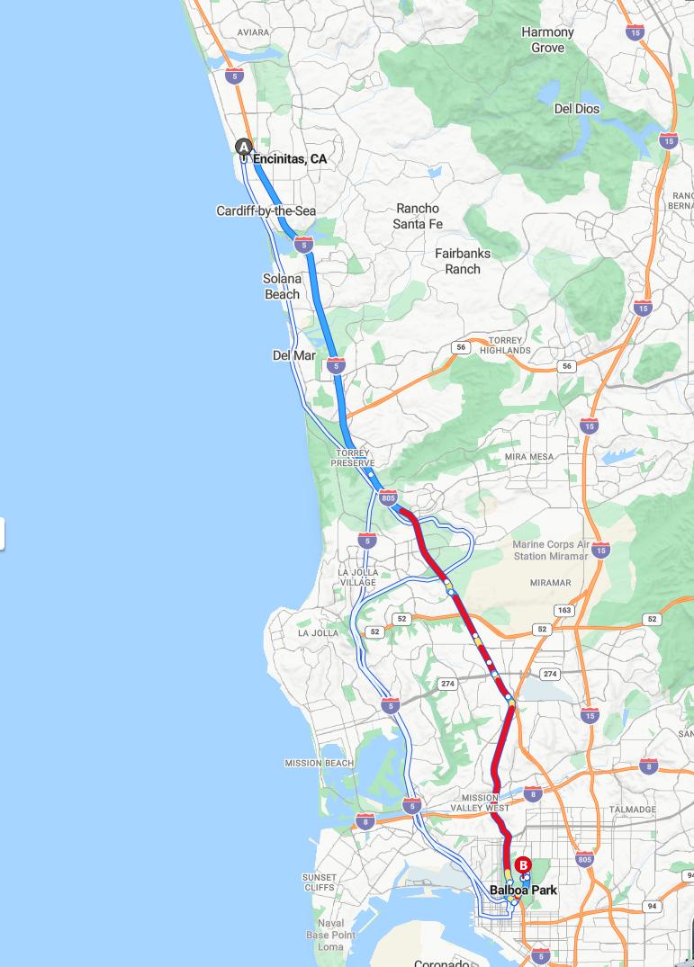 driving from Encinitas, California to Balboa ParkCalifornia - map and route