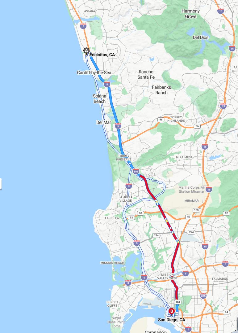driving from Encinitas, California to San DiegoCalifornia - map and route