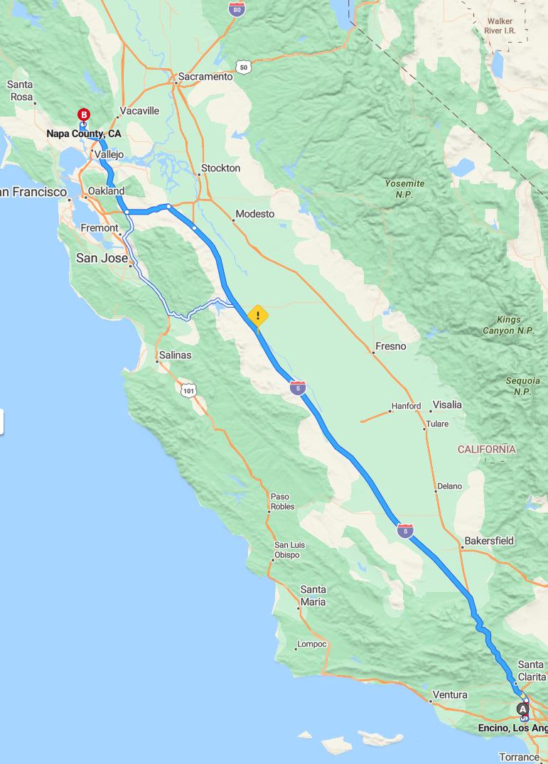 driving from Encino, California to Napa ValleyCalifornia - map and route