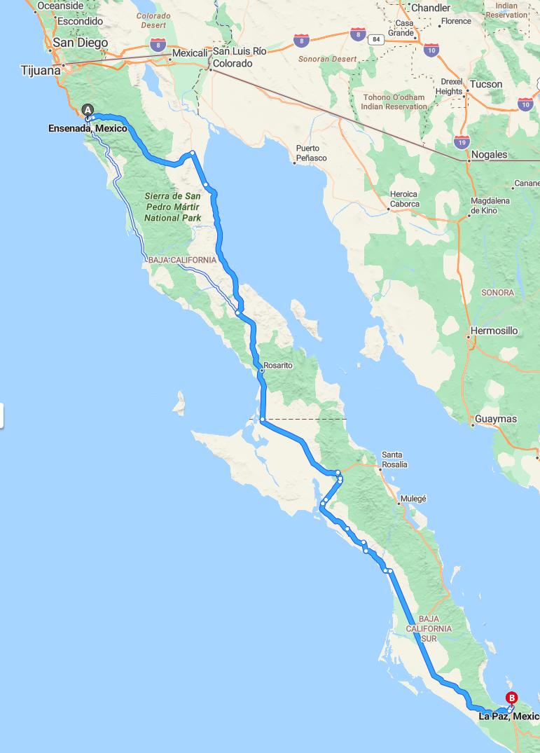 driving from Ensenada, Baja California to La PazBaja California Sur - map and route