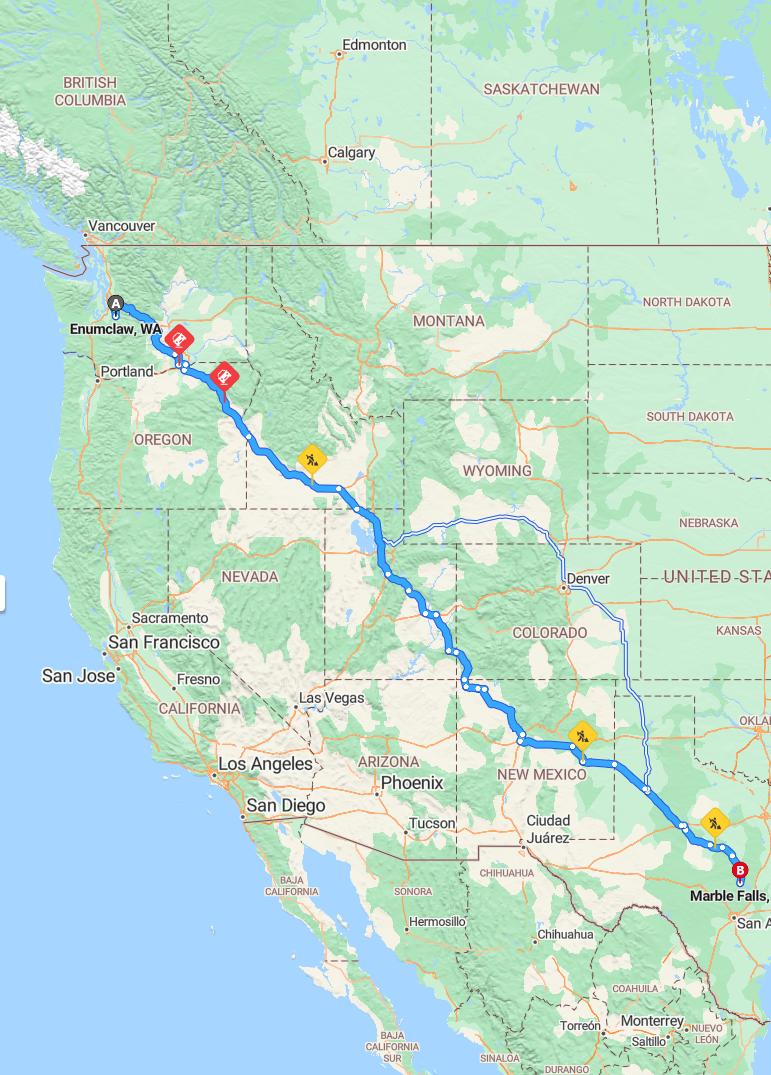 driving from Enumclaw, Washington to Marble FallsTexas - map and route