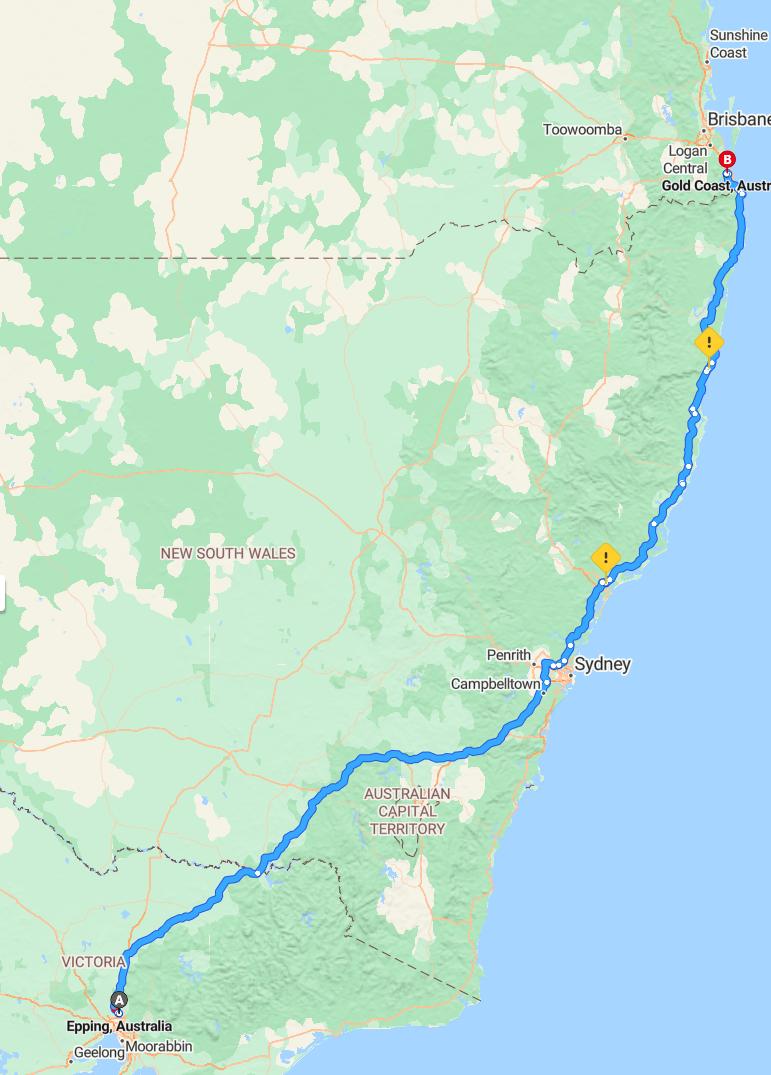 driving from Epping, Victoria to Gold CoastQueensland - map and route