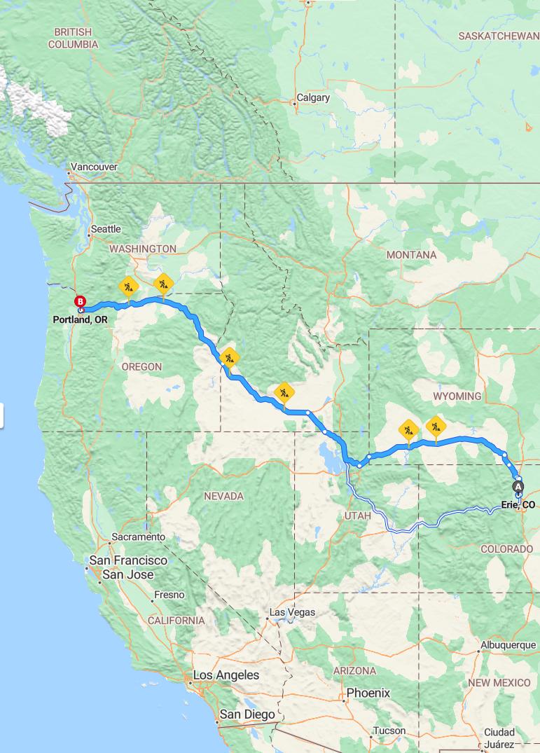 driving from Erie, Colorado to PortlandOregon - map and route