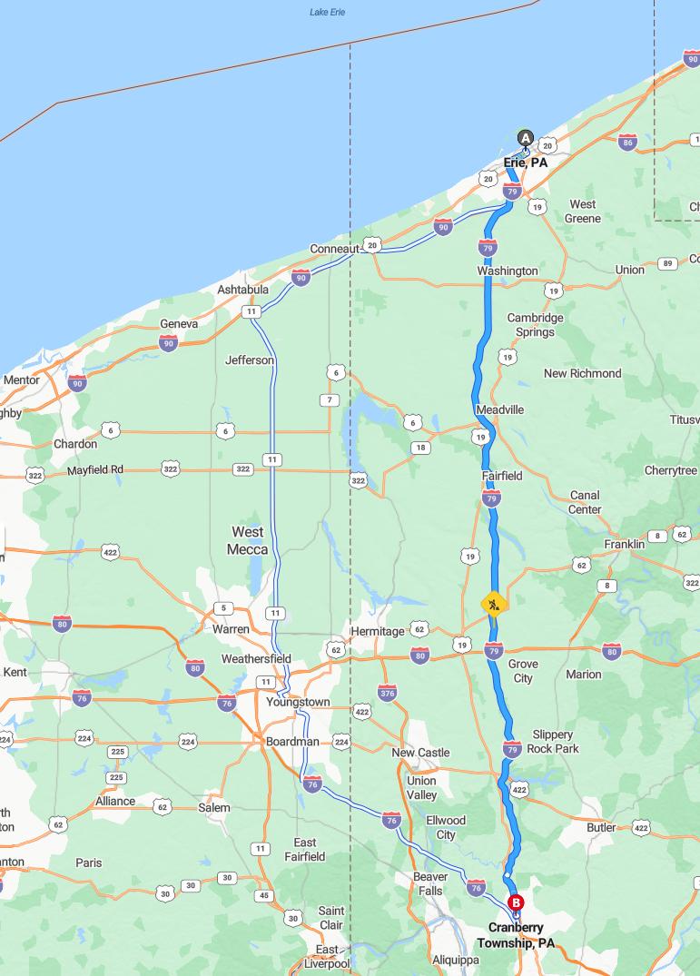 driving from Erie, Pennsylvania to Cranberry TownshipPennsylvania - map and route