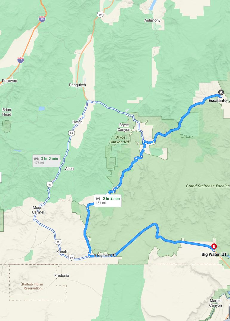 driving from Escalante, Utah to Big WaterUtah - map and route