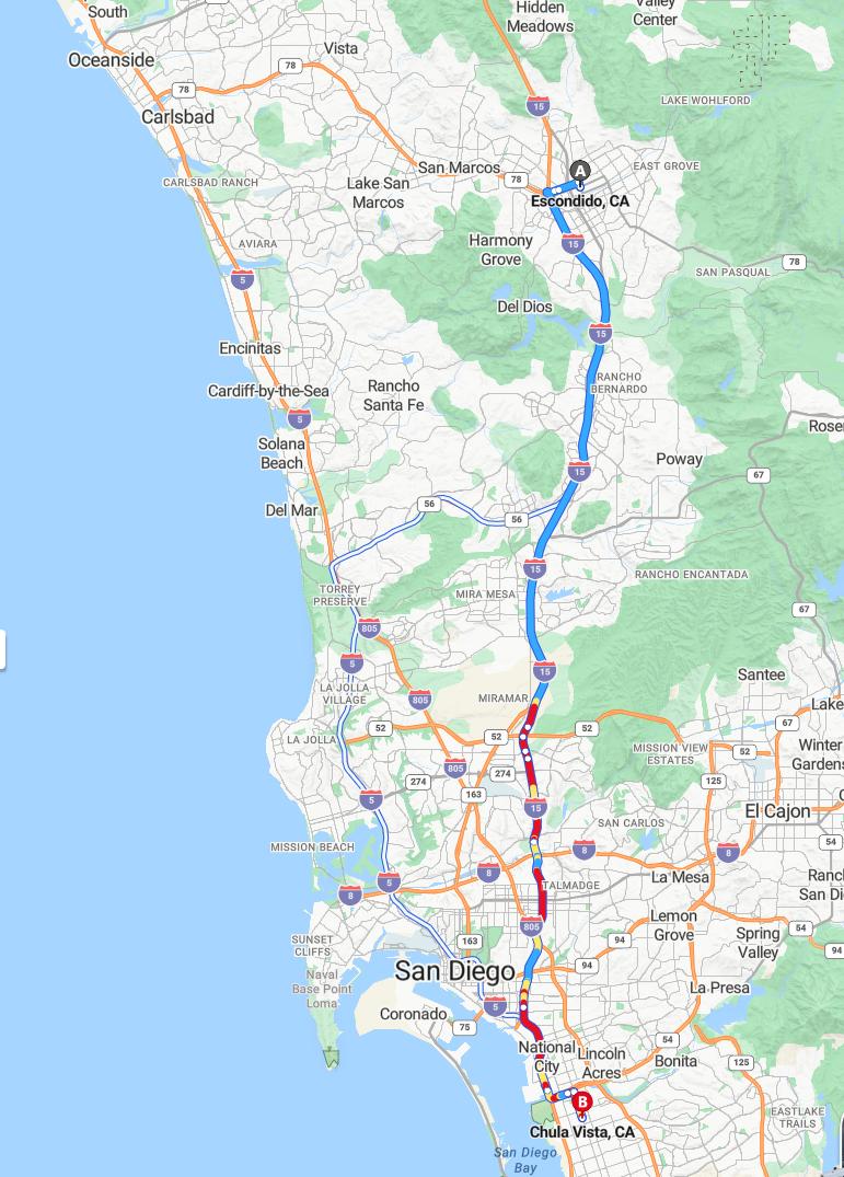 driving from Escondido, California to Chula VistaCalifornia - map and route