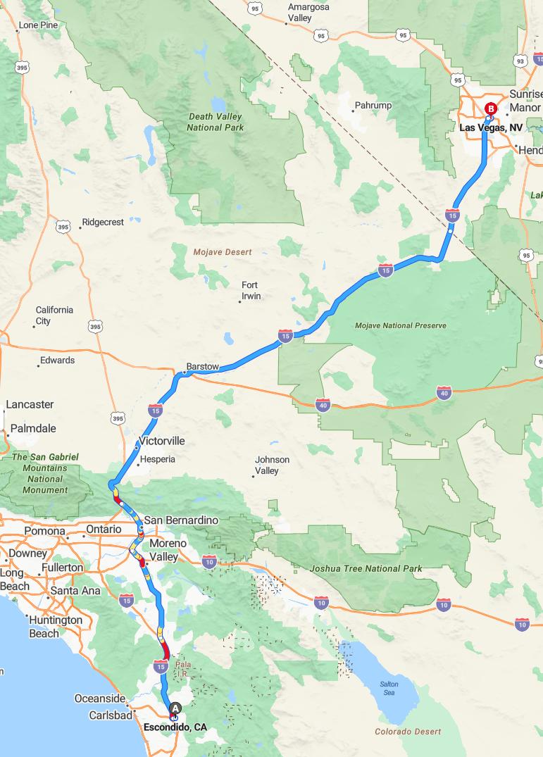 driving from Escondido, California to Las VegasNevada - map and route