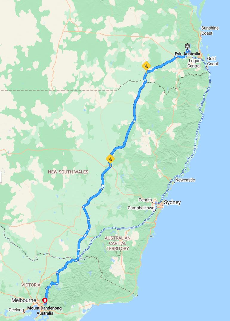 driving from Esk, Queensland to Mount DandenongVictoria - map and route