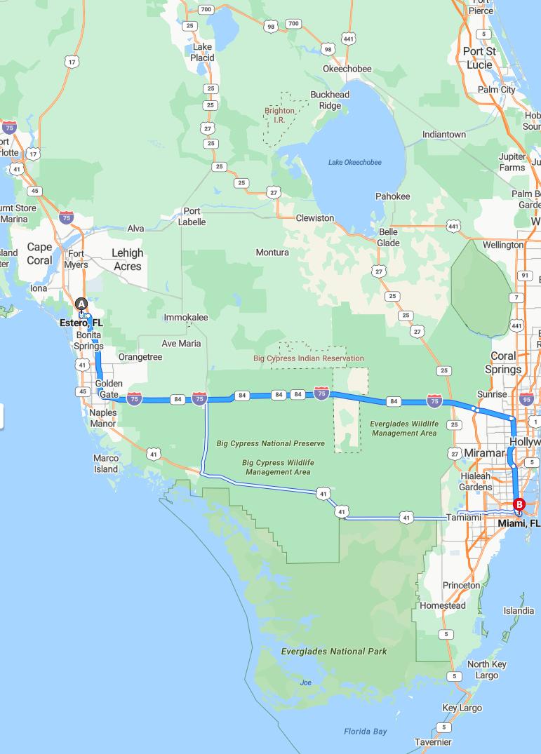 driving from Estero, Florida to MiamiFlorida - map and route