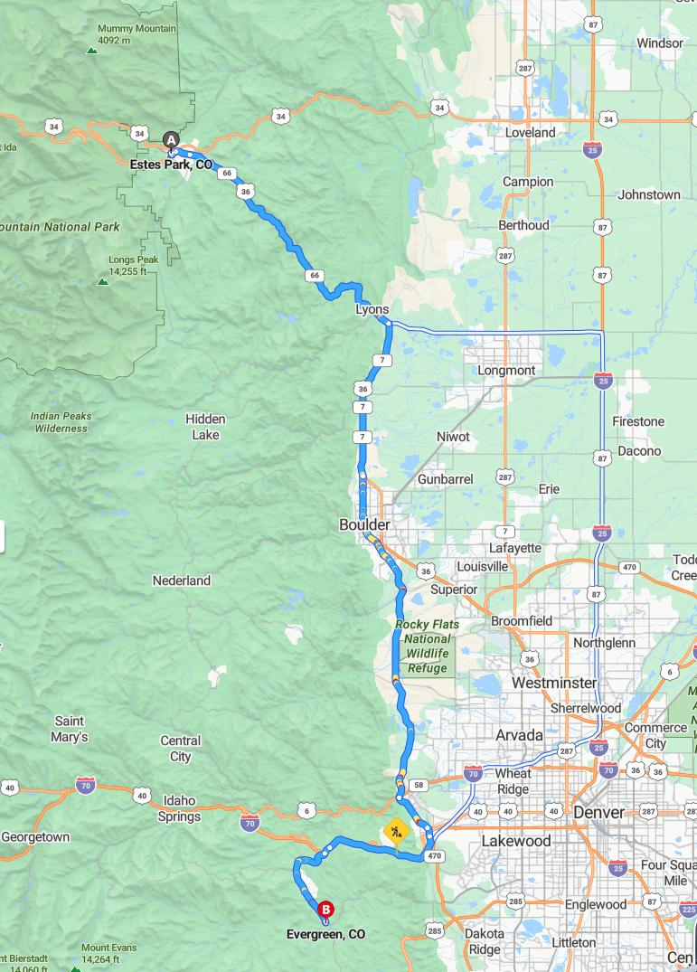 driving from Estes Park, Colorado to EvergreenColorado - map and route