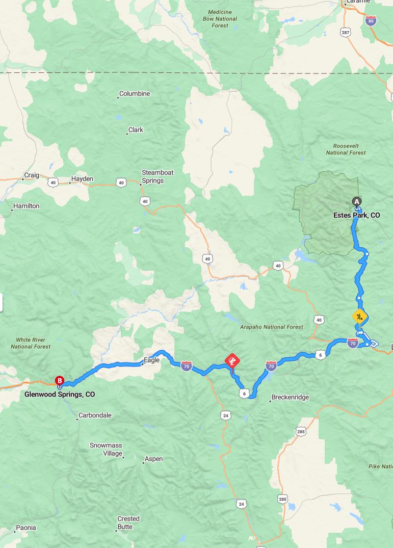 driving from Estes Park, Colorado to Glenwood SpringsColorado - map and route