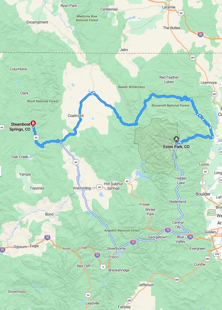 driving from Estes Park, Colorado to Steamboat SpringsColorado - map and route