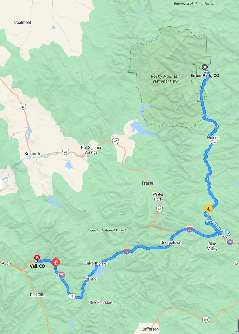 driving from Estes Park, Colorado to VailColorado - map and route