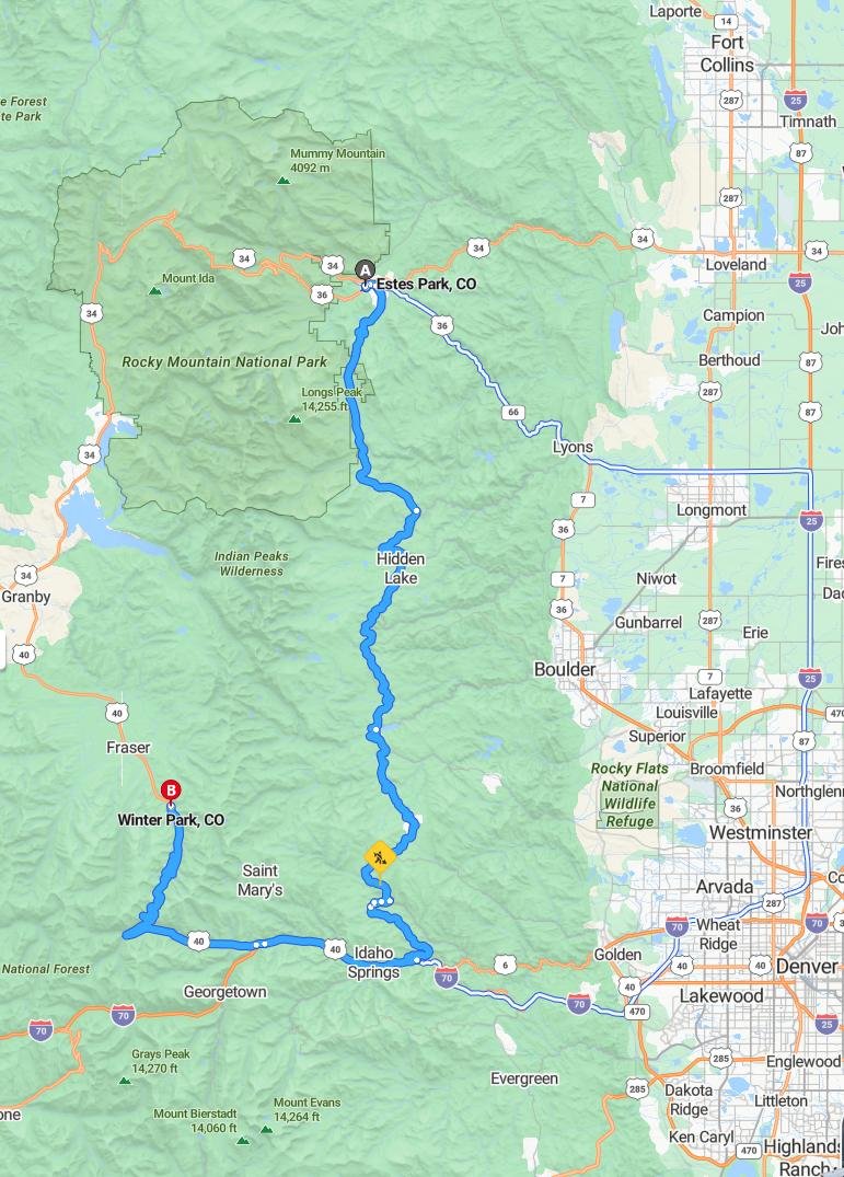driving from Estes Park, Colorado to Winter ParkColorado - map and route