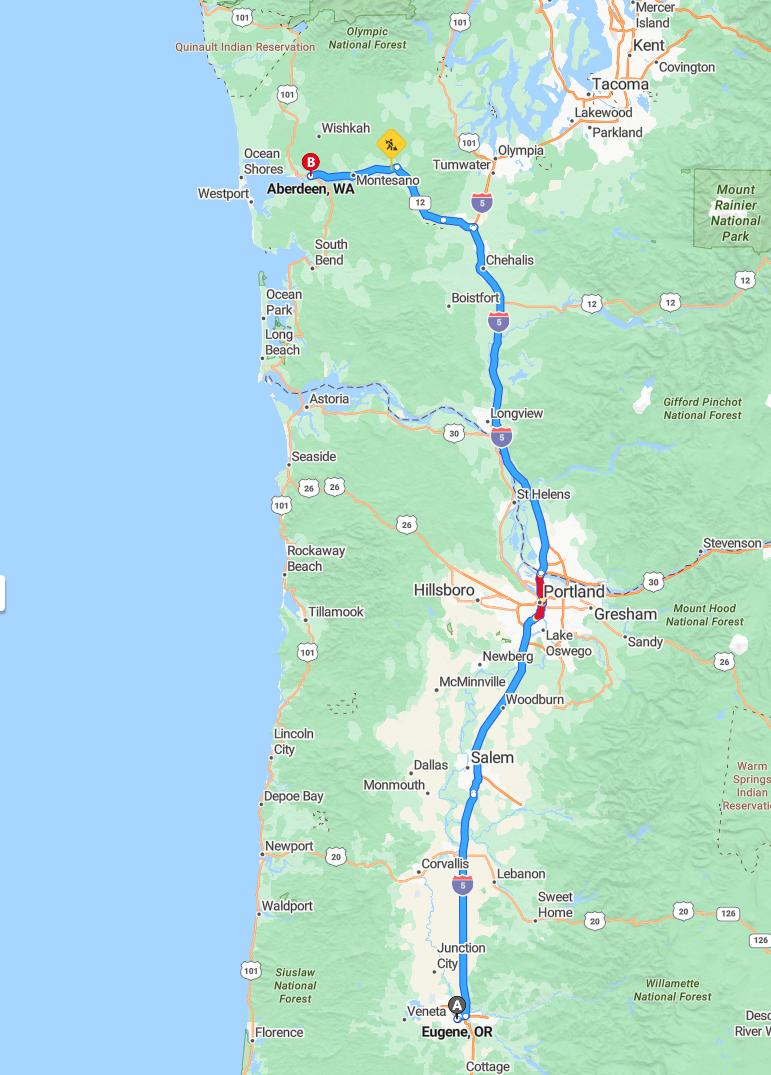 driving from Eugene, Oregon to AberdeenWashington - map and route