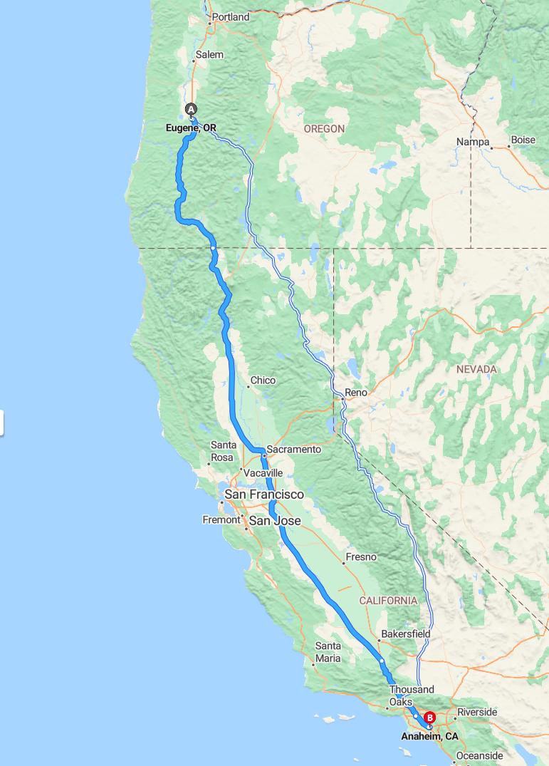 driving from Eugene, Oregon to AnaheimCalifornia - map and route