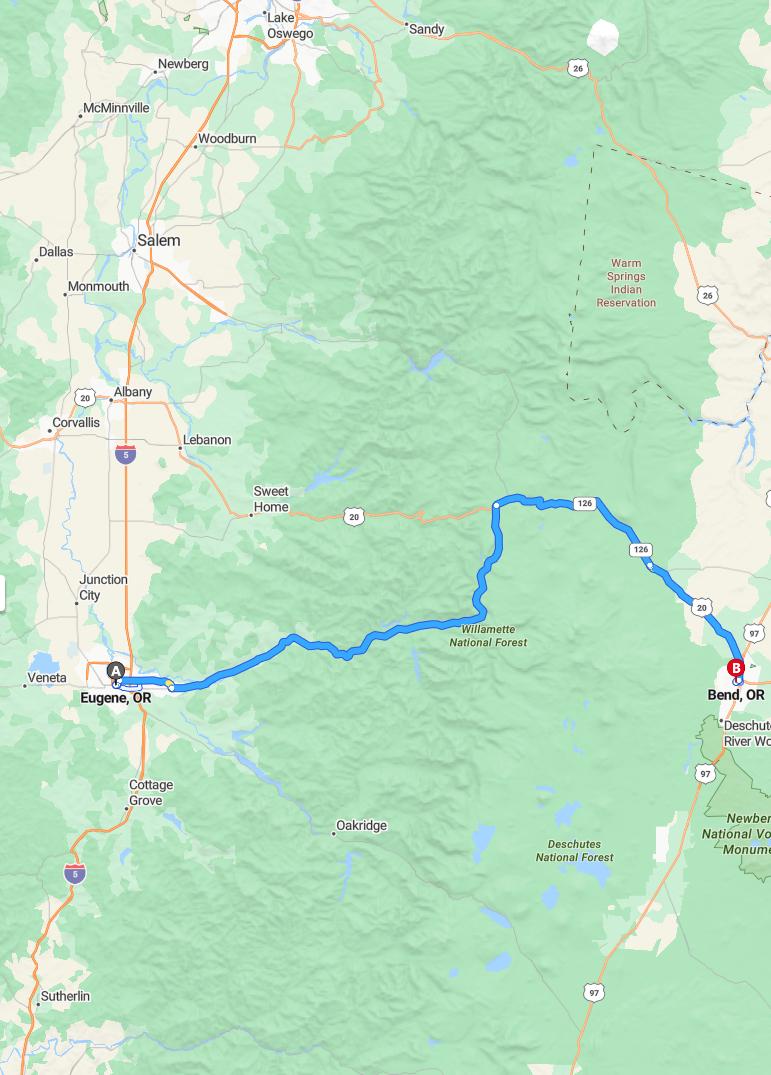 driving from Eugene, Oregon to BendOregon - map and route